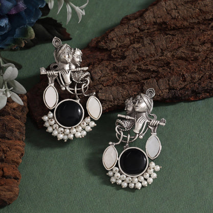 Black Color Oxidised Earrings Featuring Lord Radha Krishna Classic Theme