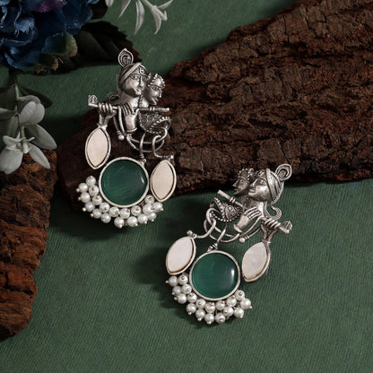 Green Color Lord Radha Krishna Inspired Festival Oxidised Earrings Design