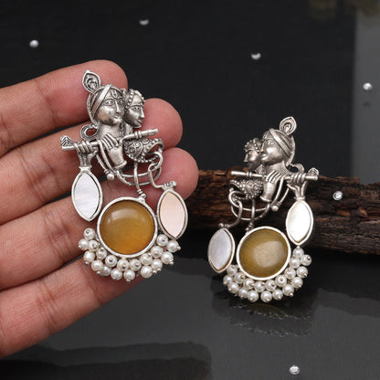 Mustard Yellow Color Lord Radha Krishna Style Traditional Oxidised Earrings