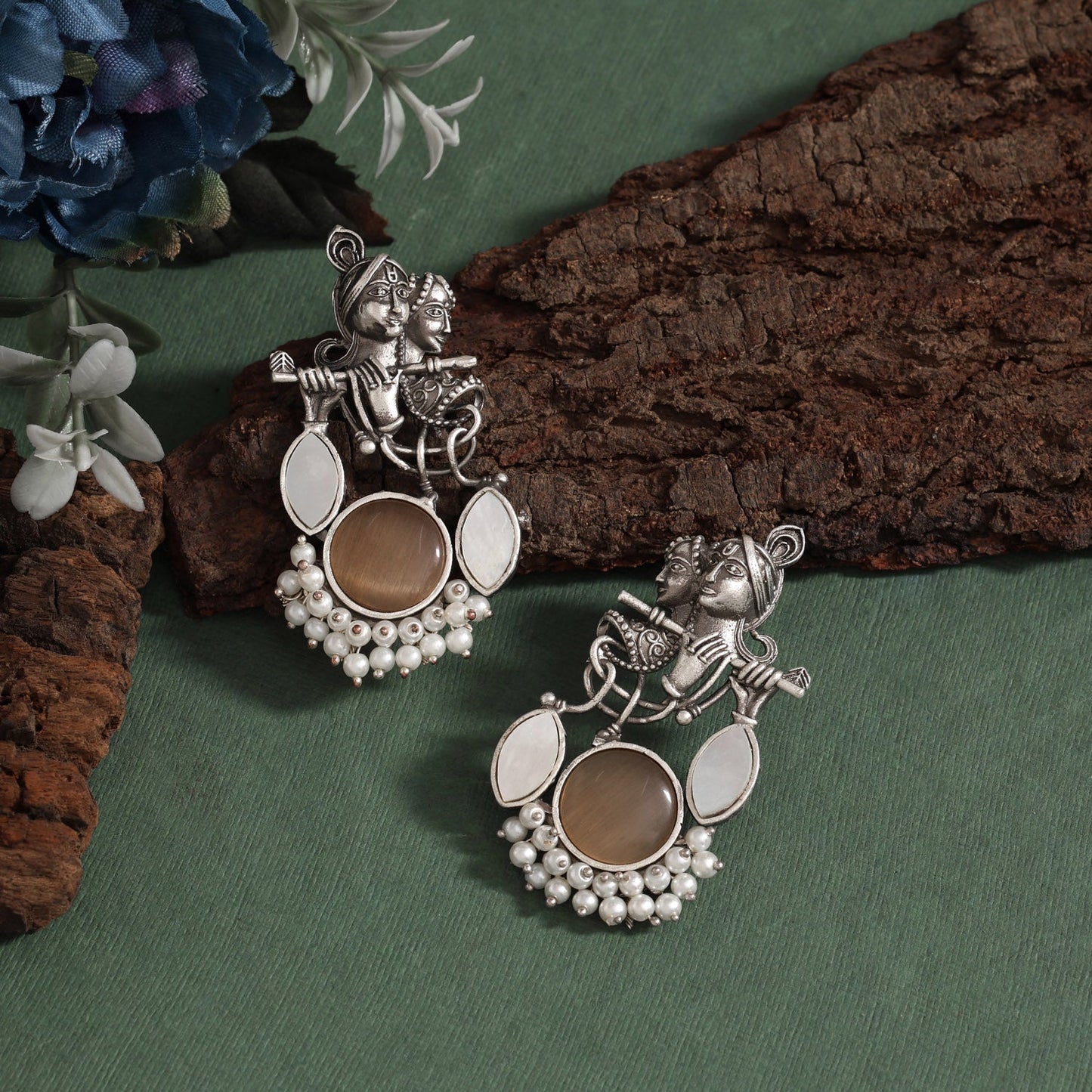 Peach Color Oxidised Earrings With Elegant Radha Krishna Artistic Motif
