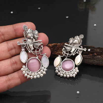 Pink Color Lord Radha Krishna Design Oxidised Earrings For Festive Wear