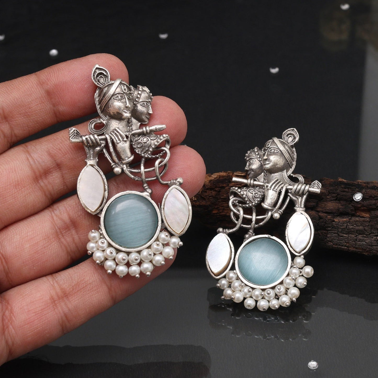 Sky Blue Color Radha Krishna Themed Ethnic Oxidised Earrings Design