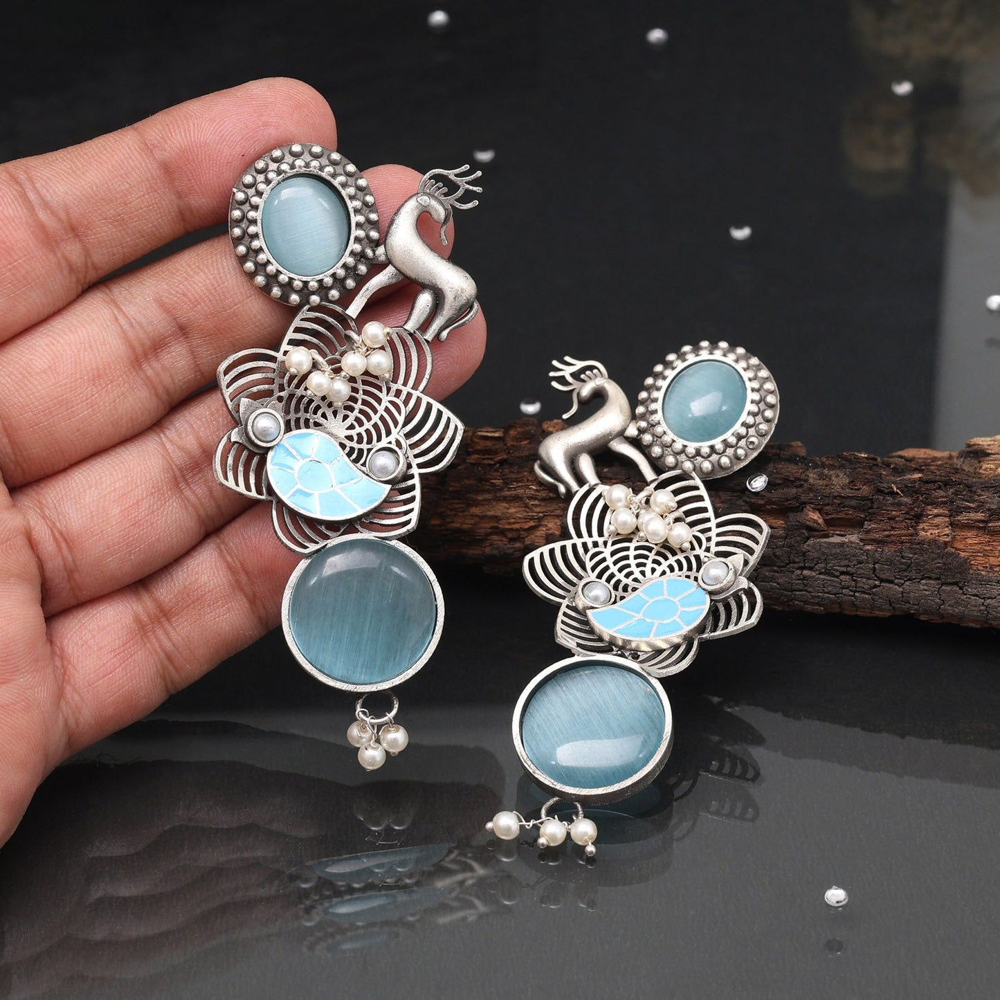 Sky Blue Color Oxidised Earrings For Stylish Boho Ethnic Fashion Look