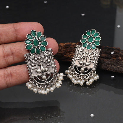 Green Color Oxidised Earrings With Handcrafted Indian Folk Jewelry Style