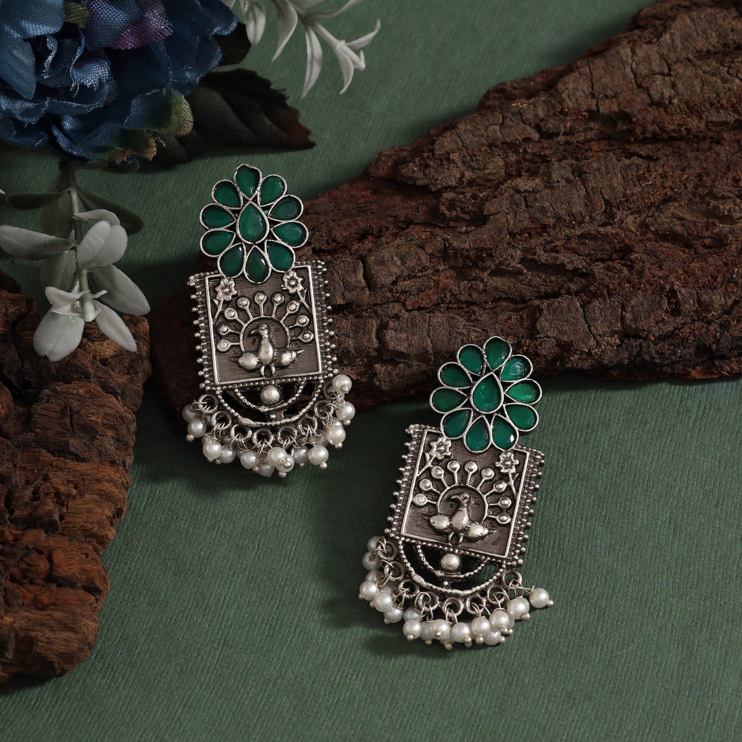 Green Color Oxidised Earrings With Handcrafted Indian Folk Jewelry Style