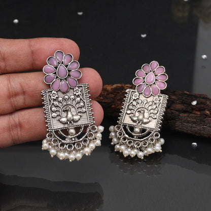 Pink Color Oxidised Earrings With Bohemian Charm And Tribal Details