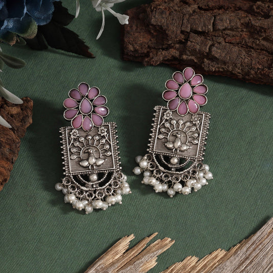 Pink Color Oxidised Earrings With Bohemian Charm And Tribal Details