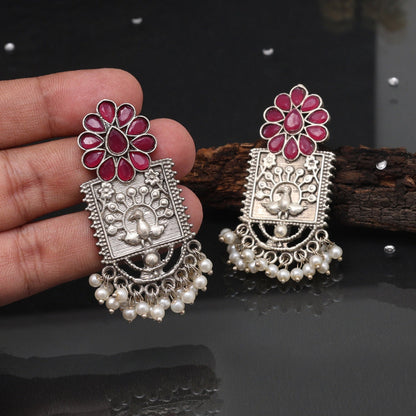 Rani Color Oxidised Earrings For Ethnic Functions And Wedding Looks