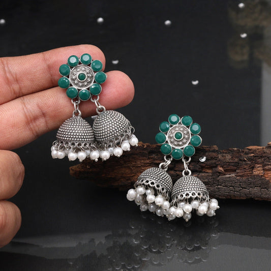Green Color Oxidised Earrings With Artistic Design And Antique Finish