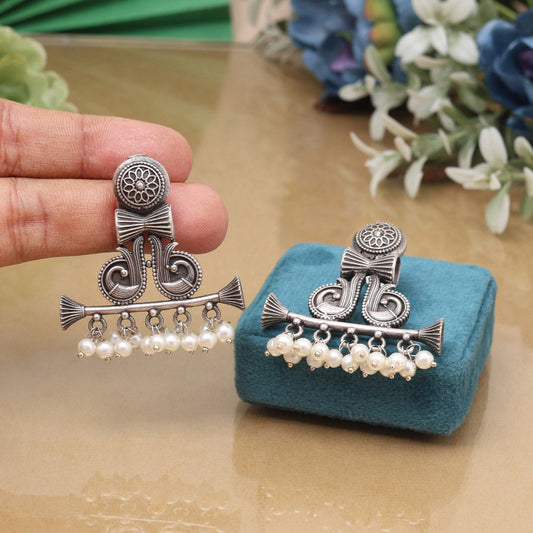 Silver Color Oxidised Classic Drop Pattern Ethnic Wear Fashion Earrings