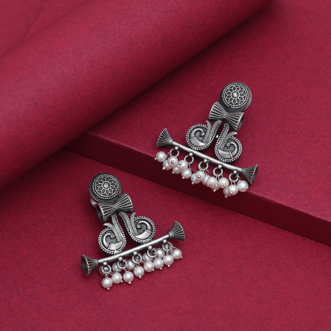 Silver Color Oxidised Classic Drop Pattern Ethnic Wear Fashion Earrings