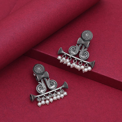 Silver Color Oxidised Classic Drop Pattern Ethnic Wear Fashion Earrings