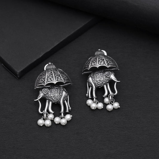 Traditional Silver Color Oxidised Statement Stud Indian Fashion Earrings Pair