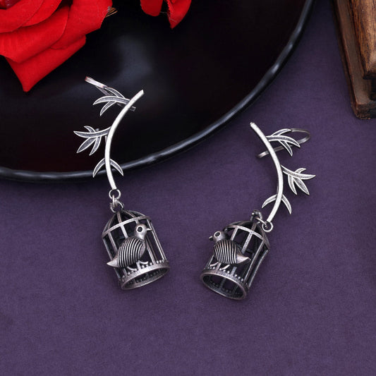 Stylish Silver Color Oxidised Long Drop Dangler Festive Fashion Earrings