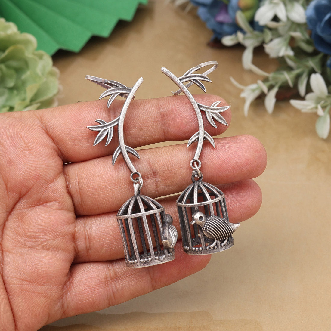 Stylish Silver Color Oxidised Long Drop Dangler Festive Fashion Earrings