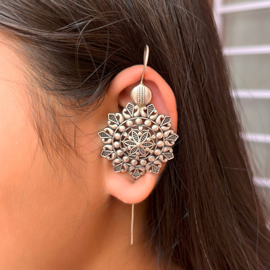 Silver Color Oxidised Floral Carved Elegant Traditional Look Fashion Earrings
