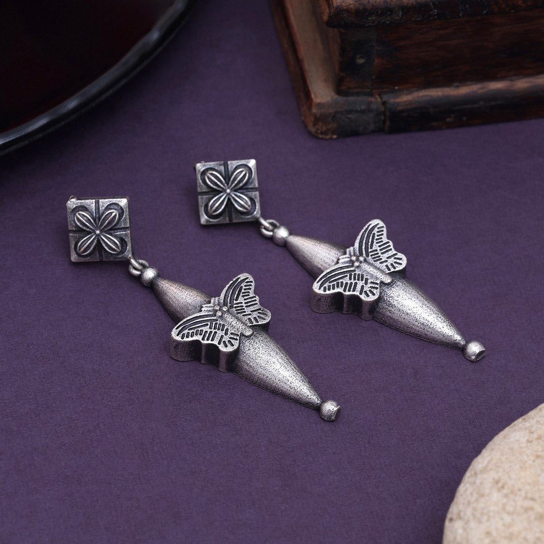 Silver Color Oxidised Detailed Handcrafted Look Women’S Fashion Earrings