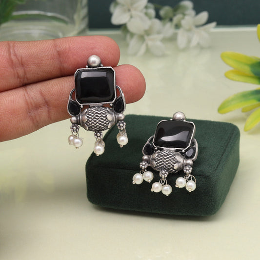 Stylish Black Color Oxidised Earrings With Antique Finish Detailing