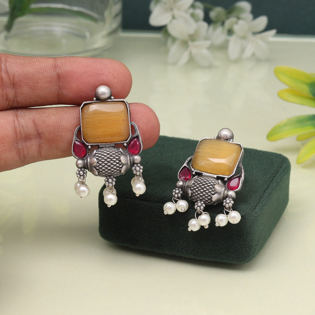 Graceful Mustard Yellow Color Oxidised Earrings For Festive Occasions