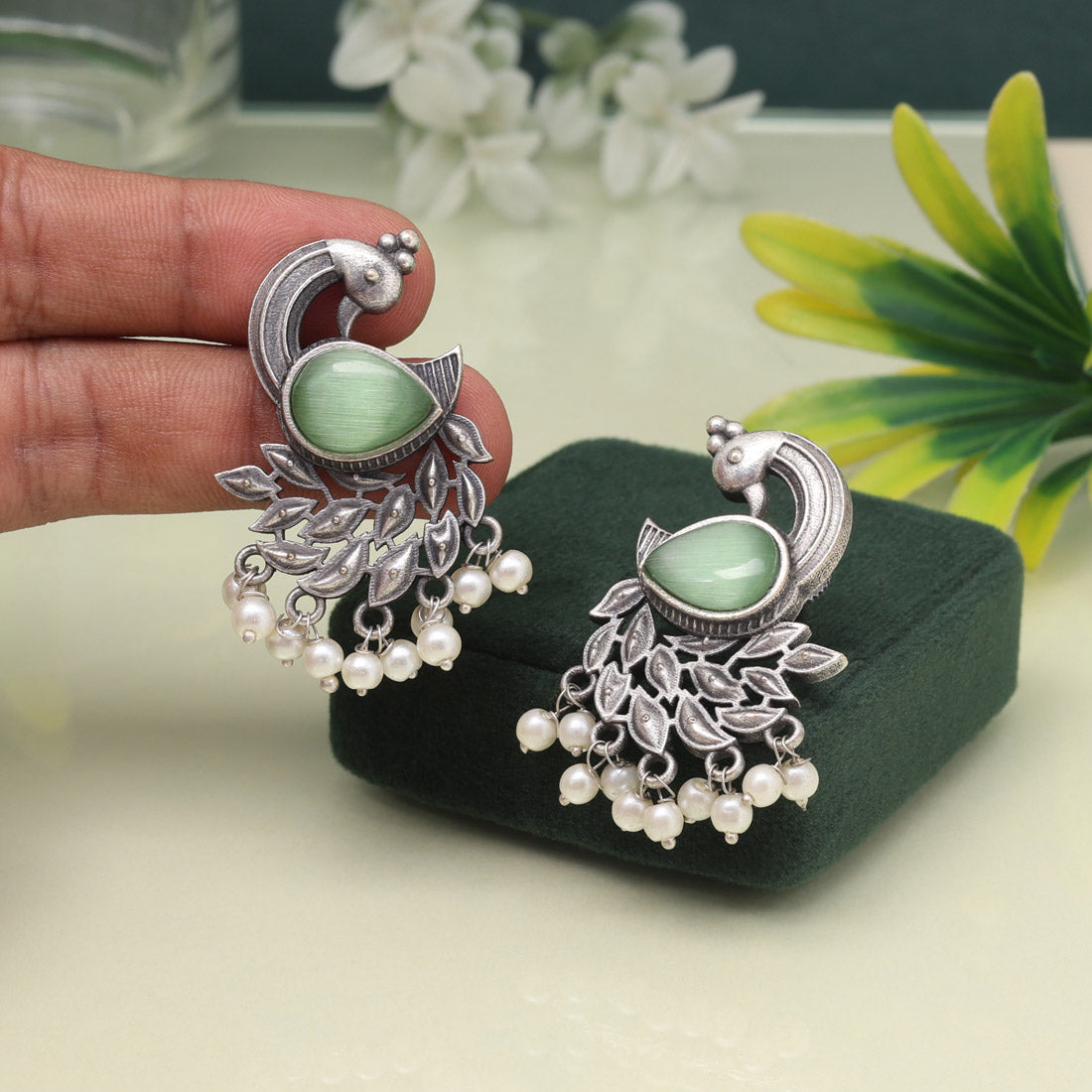 Pista Green Color Oxidised Earrings In Bold And Artistic Finish