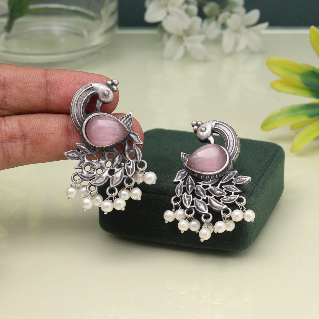 Pink Color Oxidised Earrings With Floral Patterns And Antique Charm