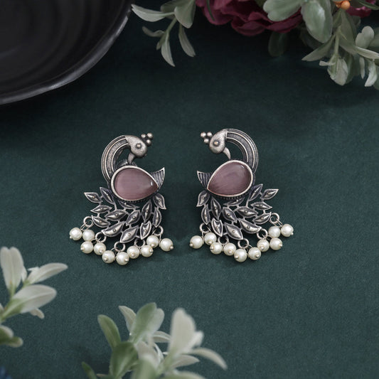 Pink Color Oxidised Earrings With Floral Patterns And Antique Charm