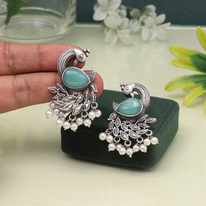 Elegant Rama Green Color Oxidised Earrings With Handcrafted Design