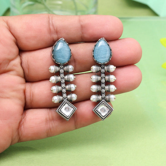 Stylish Sky Blue Color Oxidised Earrings With Intricate Design Touch