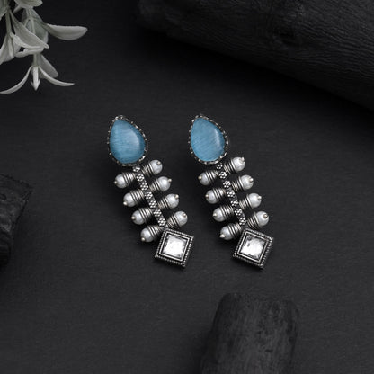 Stylish Sky Blue Color Oxidised Earrings With Intricate Design Touch