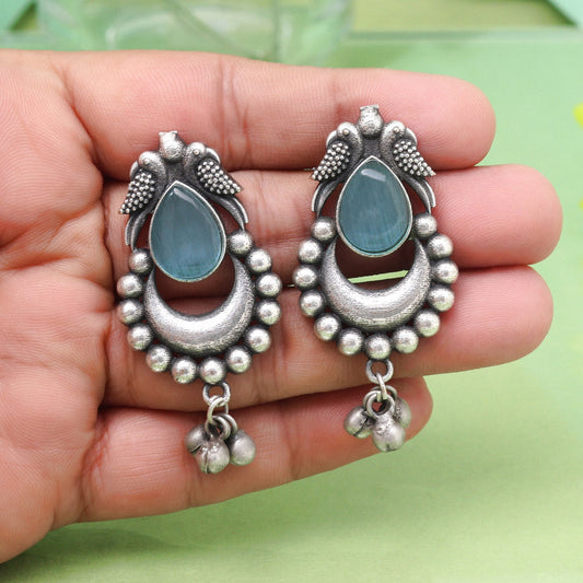 Classic Sky Blue Color Oxidised Earrings For Festive Function Wear