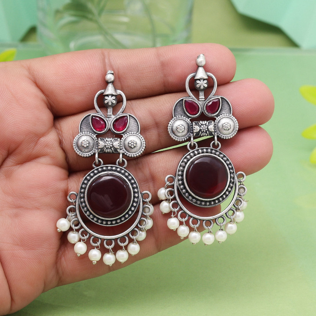 Deep Maroon Color Oxidised Earrings For Lehenga And Saree Styles