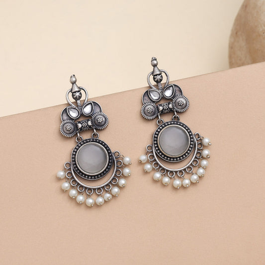Elegant Off White Color Oxidised Earrings With Delicate Pearl Detailing