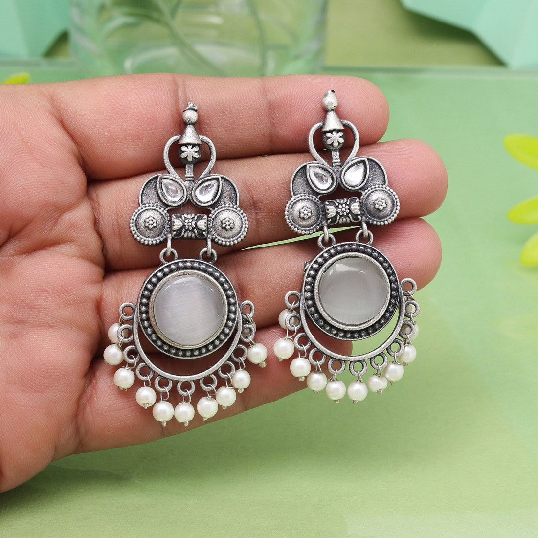 Elegant Off White Color Oxidised Earrings With Delicate Pearl Detailing
