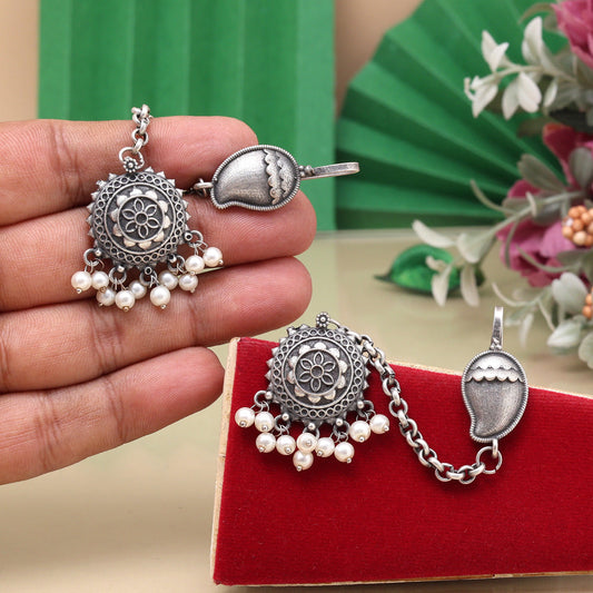 Stylish Silver Color Oxidised Earrings With Antique Detailed Finish