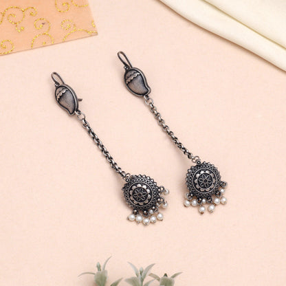 Stylish Silver Color Oxidised Earrings With Antique Detailed Finish