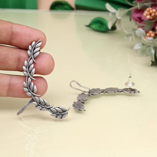 Graceful Silver Color Oxidised Ear Cuff Earrings With Tribal Design