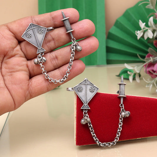 Traditional Silver Color Oxidised Ear Cuff Earrings With Bold Look