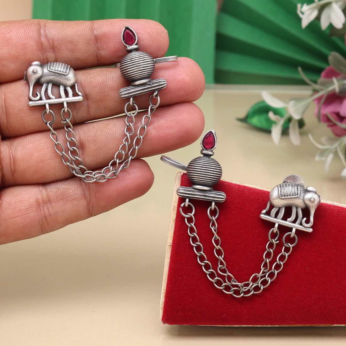 Rani Color Oxidised Ear Cuff Earrings For Bridal And Party Wear