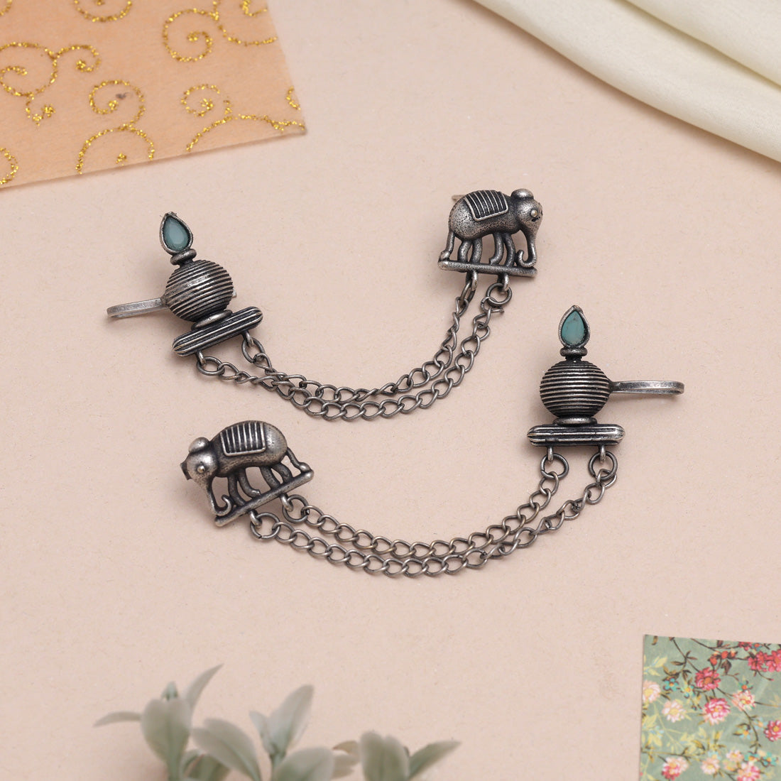 Sky Blue Color Oxidised Ear Cuff Earrings For Indo-Western Fashion