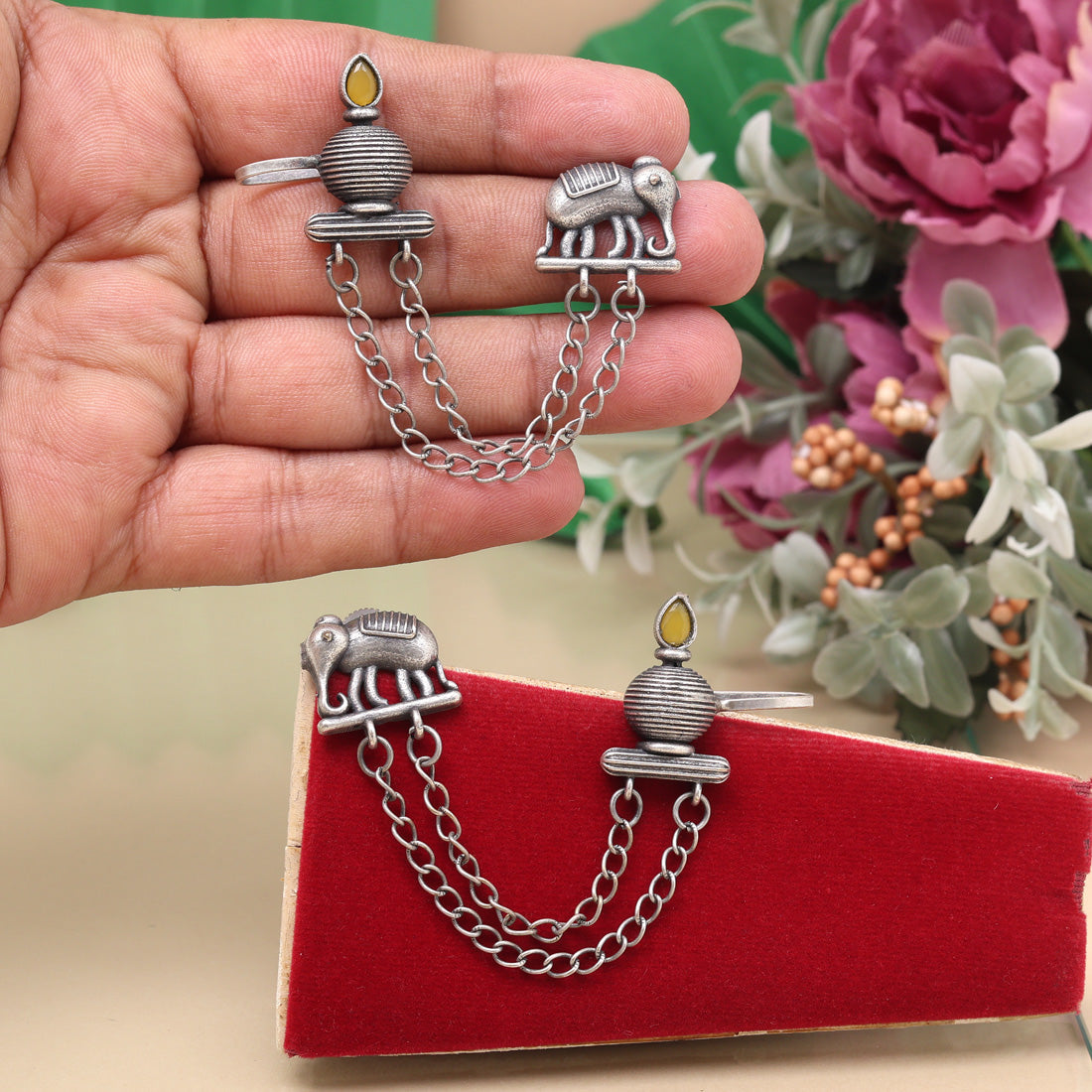 Yellow Color Oxidised Ear Cuff Earrings With Floral Design Accents