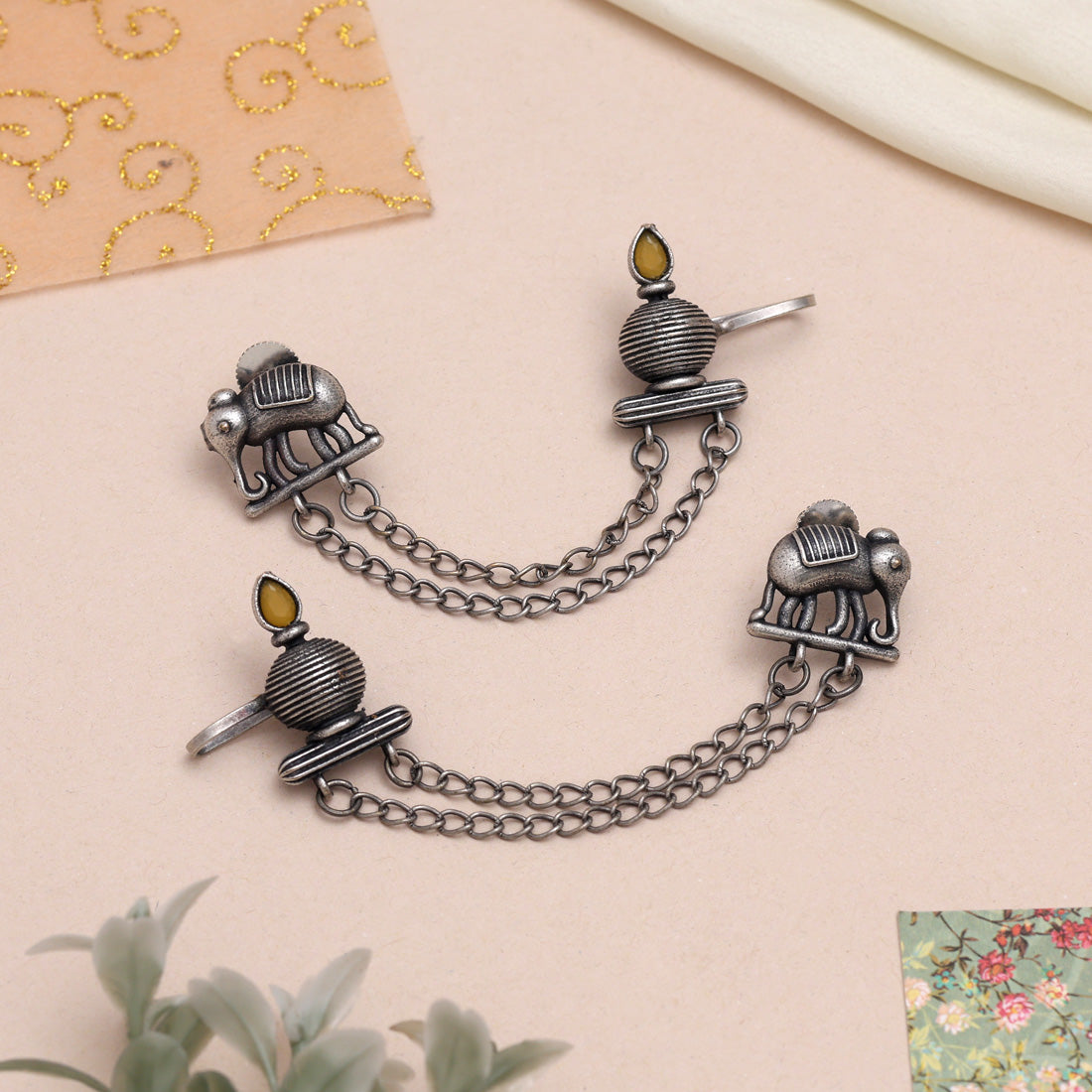 Yellow Color Oxidised Ear Cuff Earrings With Floral Design Accents