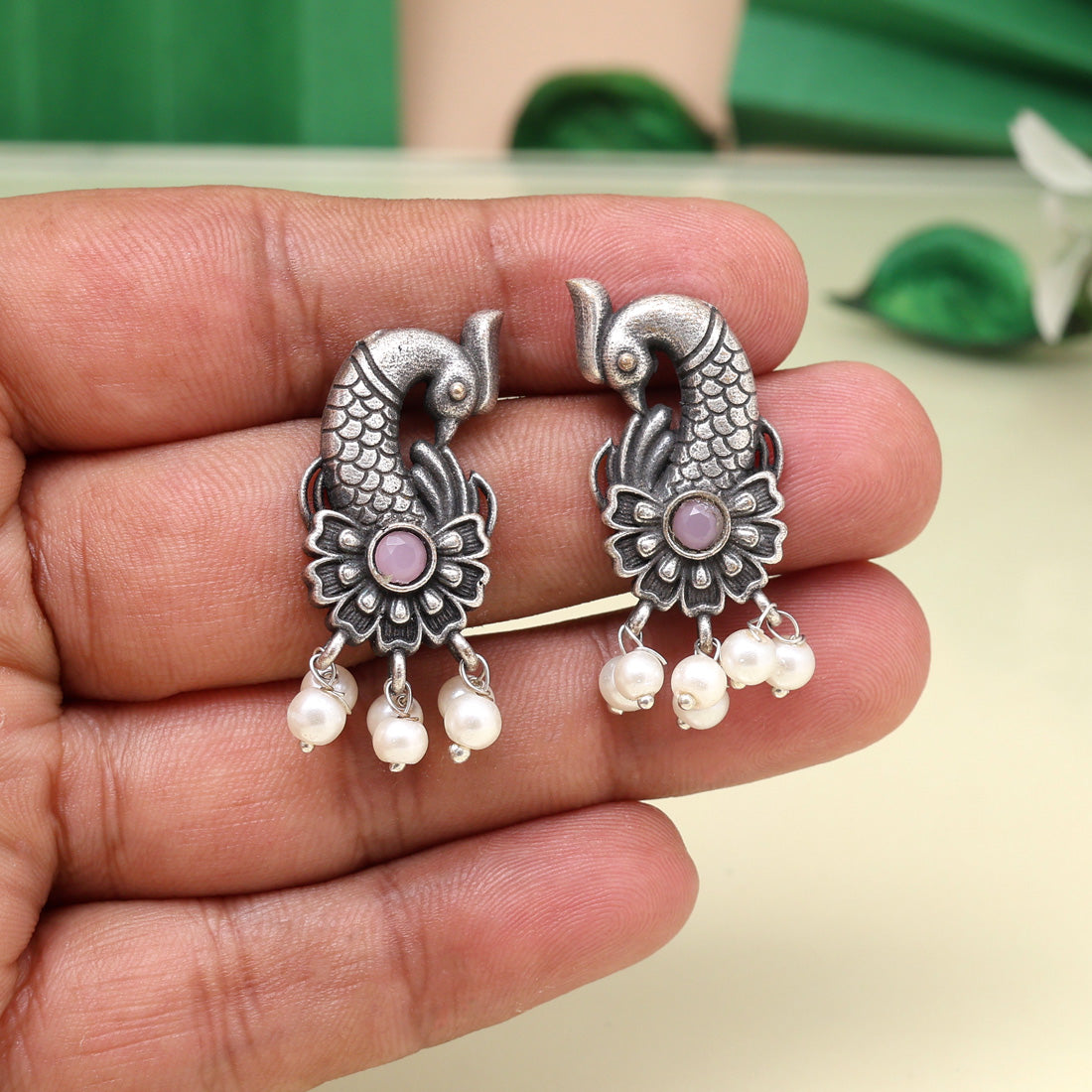 Trendy Pink Color Oxidised Earrings For Traditional And Fusion Wear