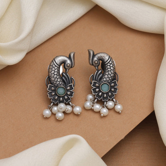 Sky Blue Color Oxidised Earrings With Festive Look And Floral Work
