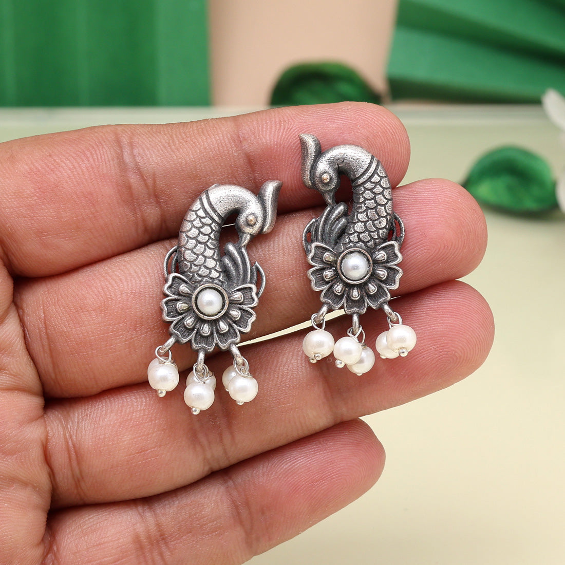 Antique White Color Oxidised Earrings For Ethnic Outfit Styling