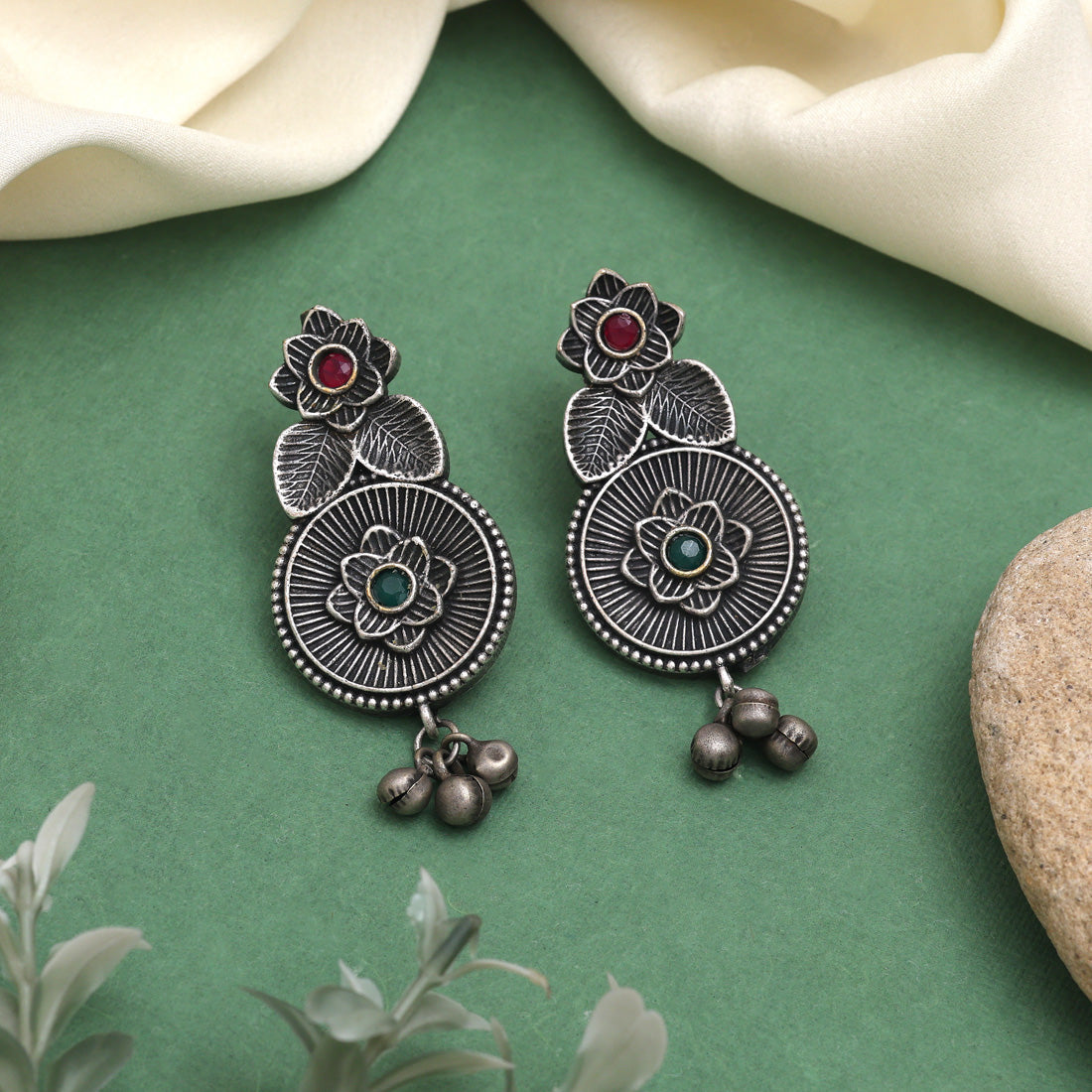 Rani & Green Color Oxidised Earrings With Dual-Tone Ethnic Style