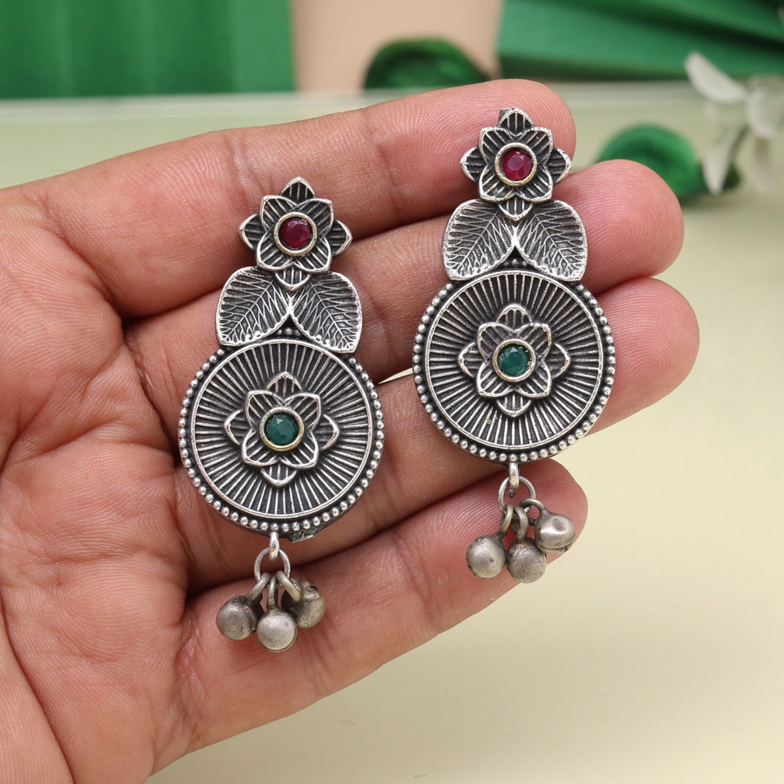 Rani & Green Color Oxidised Earrings With Dual-Tone Ethnic Style