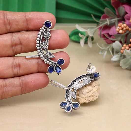 Statement Blue Color Oxidised Ear Cuff Earrings For Evening Wear