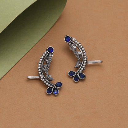 Statement Blue Color Oxidised Ear Cuff Earrings For Evening Wear
