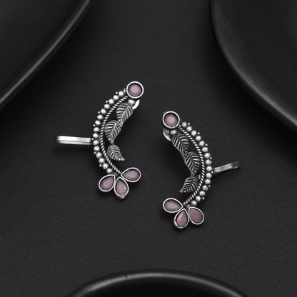Floral Pink Color Oxidised Ear Cuff Earrings For Party Wear Looks