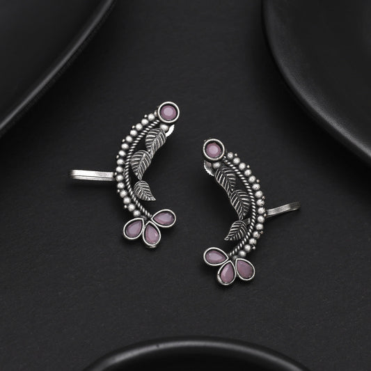 Floral Pink Color Oxidised Ear Cuff Earrings For Party Wear Looks